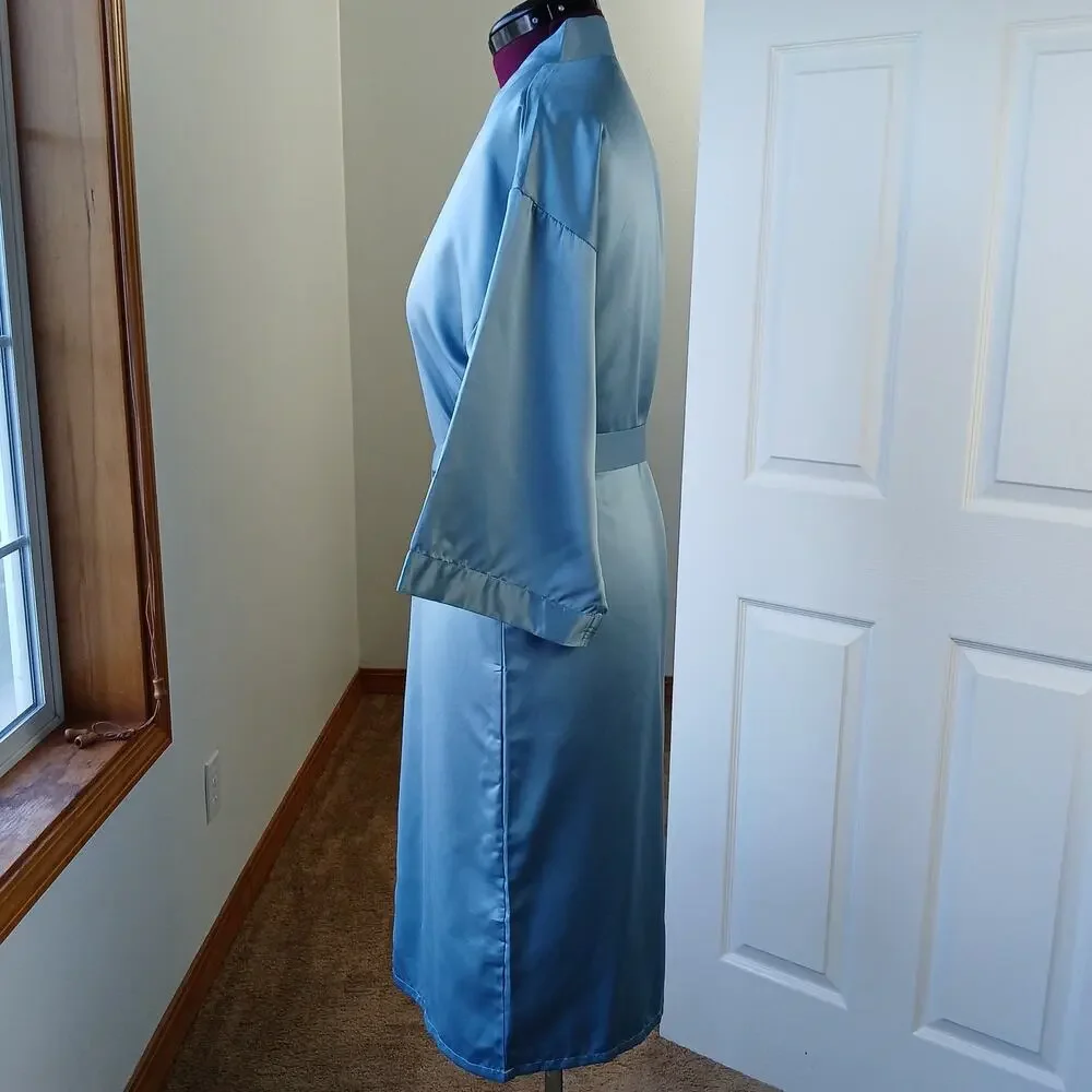 Blue Satin Lightweight Robe Men's Small shiny midi maxi kimono quiet luxury - Picture 2 of 16